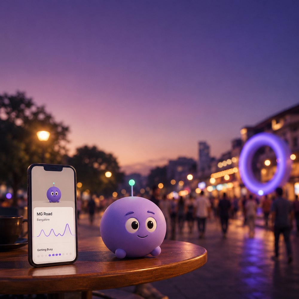 Nabza poster: a small violet mascot with a glowing antenna on a café table at dusk, beside a phone showing how busy MG Road is.