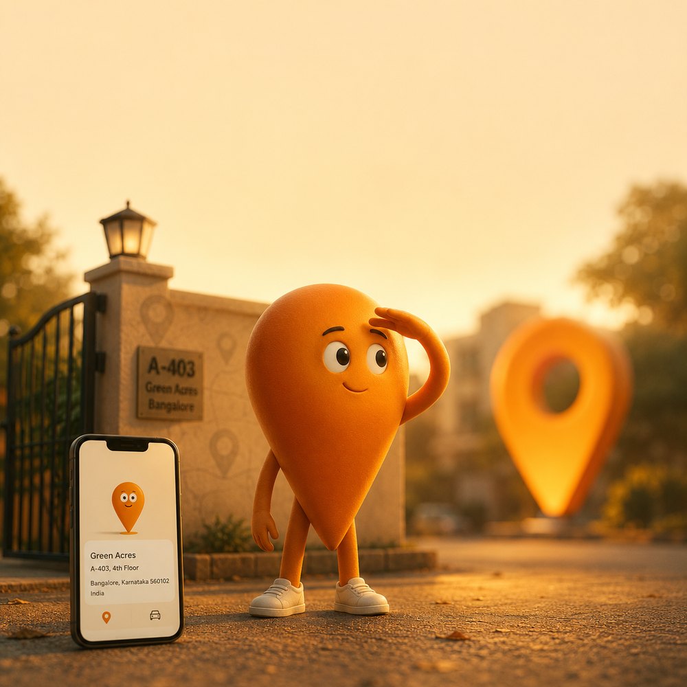 Pinzaa poster: a map-pin character shading its eyes outside an apartment gate at golden hour, beside a phone showing a full address.