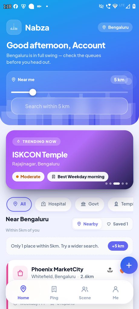 Nabza's home screen: a greeting, a distance slider and what is trending nearby