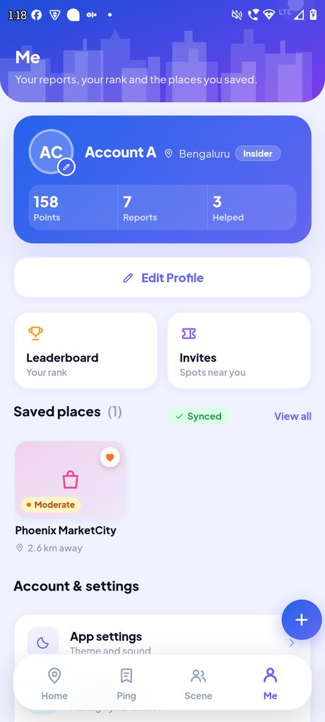 Nabza's Me tab showing points, reports filed, people helped and saved places