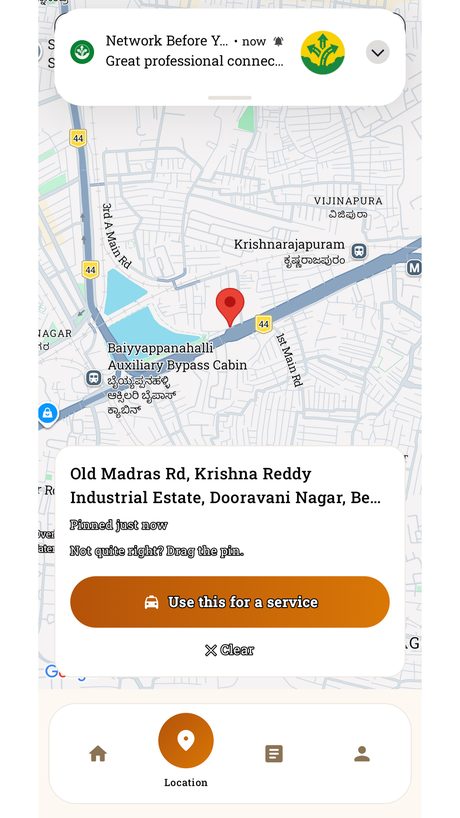 Pinzaa's map with a dropped pin and the option to use it for a service