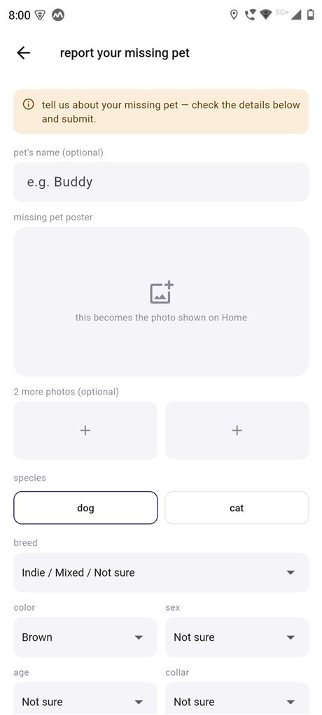 The report-a-missing-pet form in Pugmark