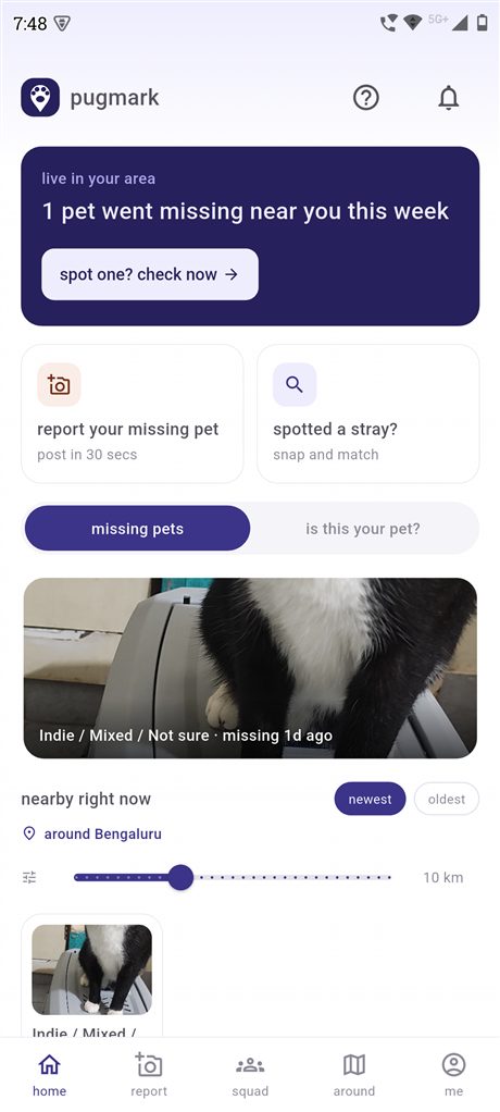 Pugmark's home screen with the spotted-a-stray action