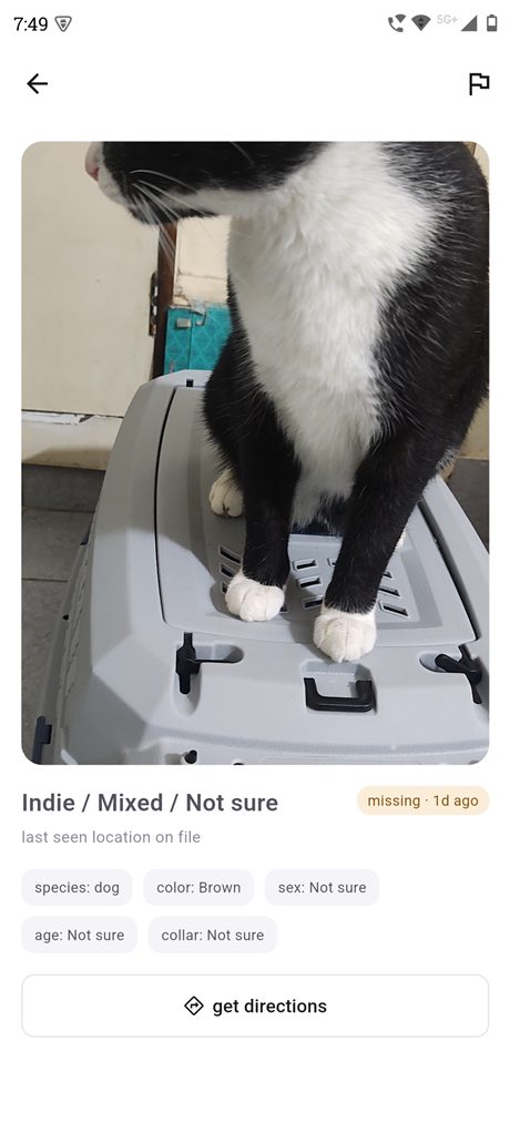 A missing-pet listing in Pugmark with the I've seen this pet button
